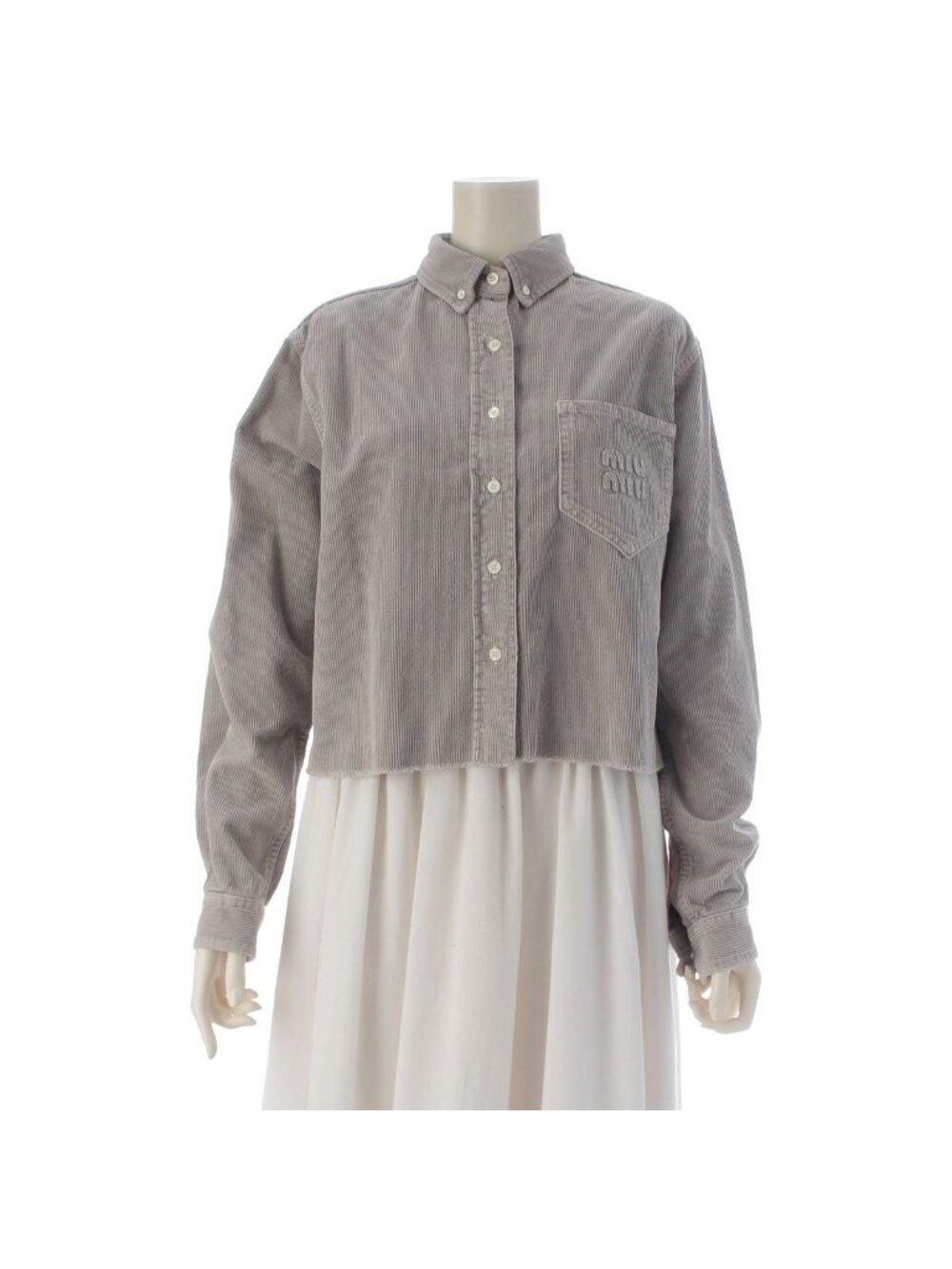 Miu Miu Cotton Cropped Corduroy Long Sleeve Shirt Jacket Gray 38